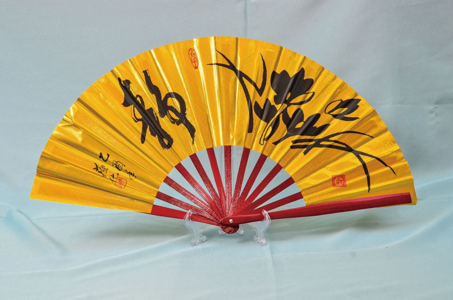 E-04金蔥扇(金色-紅骨)靜:蘭花(台灣製)
