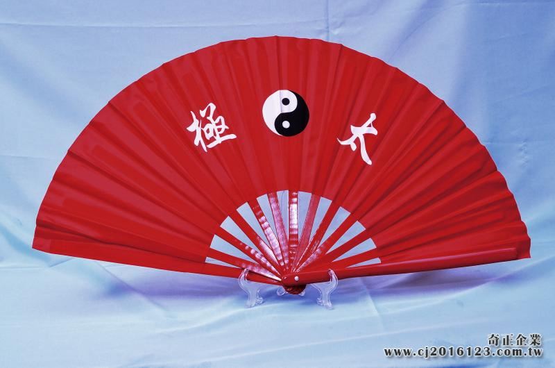 E-43太級扇-加長(38公分)(尼龍布)(紅色-紅骨)太極(大陸製)
