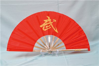 E-52太極扇(塑鋼.旁兩支鋅鋁合金)(尼龍布)(紅色-白色骨)