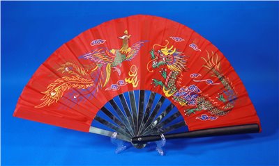 E-59太極扇(不銹鋼)(尼龍布)(紅色-白色骨)彩色龍鳳(大陸製)