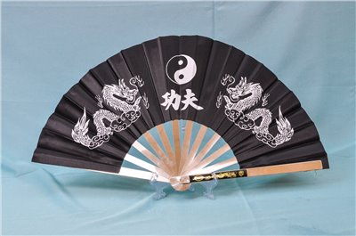E-62太極扇(不銹鋼)(尼龍布)(黑色-白色骨)雙龍.功夫(大陸製)